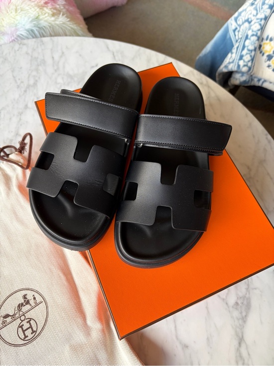 Hermes Shoes - Hermès Black Leather Chypre Sandals